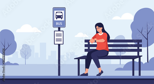Impatient and tired young woman is sitting on a bench waiting for her bus to arrive at the bus stop.