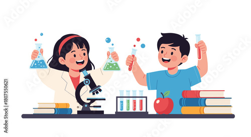 Two happy children are enthusiastically conducting a fun science experiment in a chemistry lab.