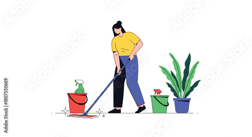 Young woman is diligently cleaning the wooden floor of her home with a mop and a blue bucket.