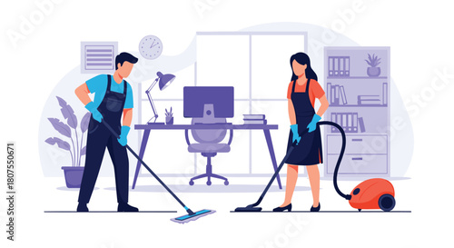 Team of professional cleaners in uniform are working together to thoroughly clean a modern office.