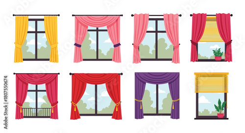 Collection of six different classic window designs decorated with various elegant curtains and drapes.