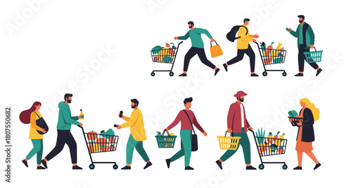 Diverse group of happy people are shopping for groceries with carts in a busy supermarket.