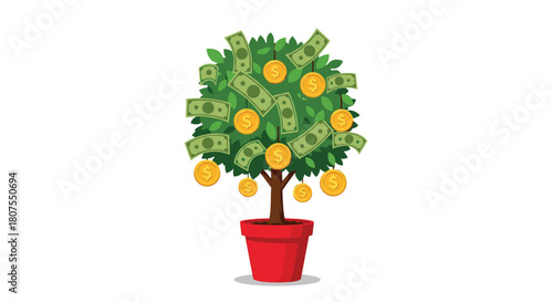 Small potted money tree with golden coins for leaves is a symbol of wealth and prosperity.