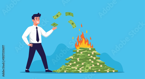 Man is burning a large pile of money symbolizing the negative effects of financial inflation.