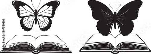 Two butterflies above open books one detailed and one silhouette