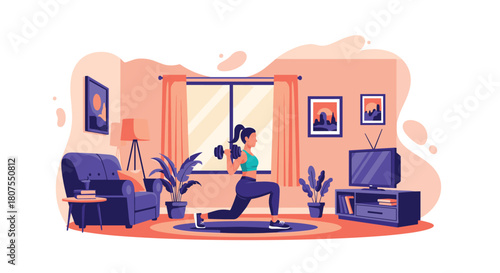 Young woman is practicing yoga and doing her fitness exercises in her cozy living room at home.