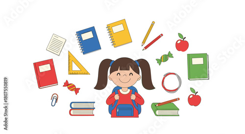 Cute little schoolgirl is surrounded by her books and various other essential school supplies.