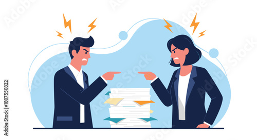 Two angry business colleagues are arguing and pointing at each other over a pile of paperwork.