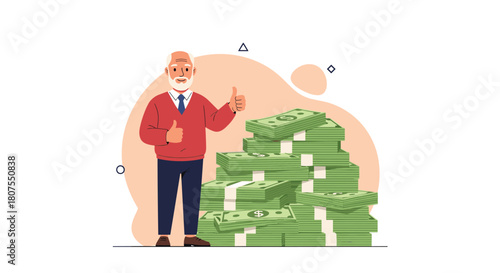 Rich and successful senior man is standing proudly next to a massive pile of cash money.