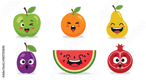 Cute collection of various fresh fruit characters with happy and funny smiling facial expressions.