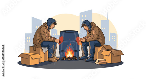 Two poor and homeless men are trying to keep warm by a fire in a barrel on a city street.