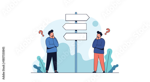 Two men are standing at a crossroads trying to make a difficult decision about their direction.