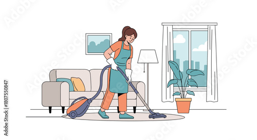 Young woman is doing her daily housework by cleaning the floor with a vacuum cleaner.
