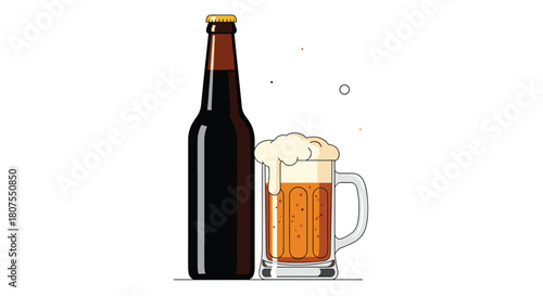 Cold bottle of dark beer is served alongside a tall and frosty mug full of frothy beer.