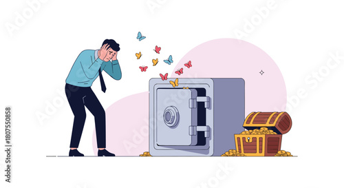 Sad businessman looks at his open and empty safe symbolizing his bankruptcy and financial loss.
