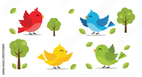 Adorable collection of four colorful cartoon birds and two small green trees on a white background.