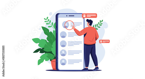 Young man managing his online user account and contacts list on a giant modern smartphone screen.