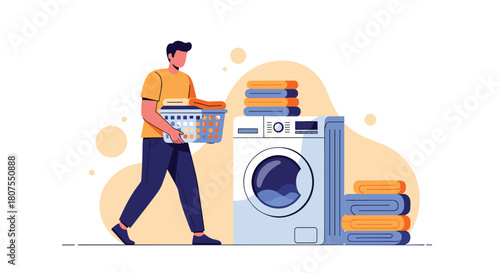 Man doing laundry at home by putting dirty clothes from a basket into a modern washing machine.