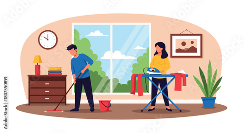 Young couple cleaning their home together with the man mopping the floor and the woman ironing clothes.