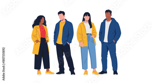 Group of four young and diverse friends are standing together in stylish casual clothing.