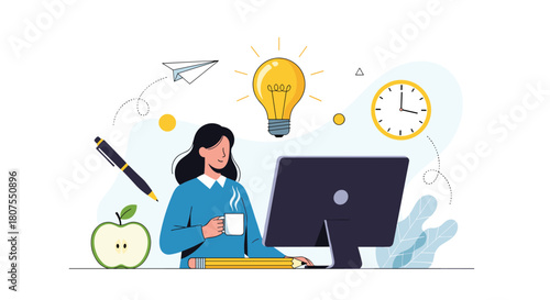 Creative work process concept with a lightbulb for an idea a clock for deadlines and a computer.