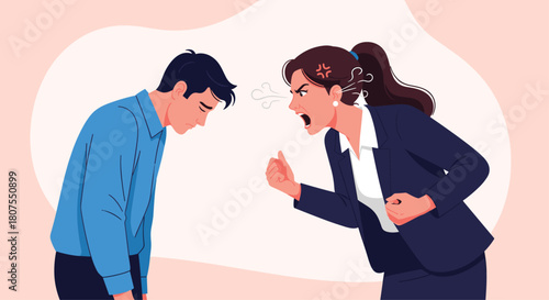 Furious female boss is aggressively yelling at a sad and stressed male office employee.