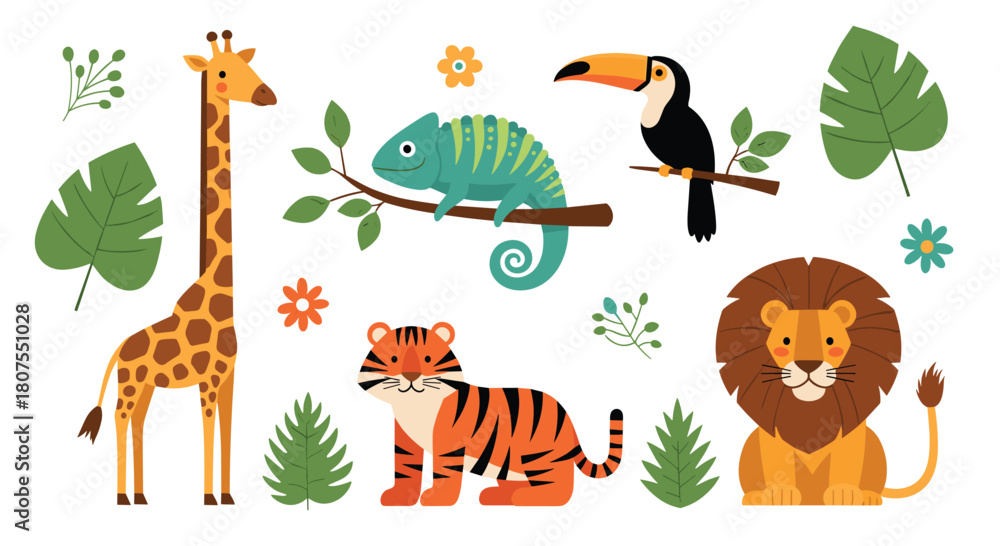Fototapeta premium Adorable collection of various cute cartoon jungle and safari animals standing together in a group.