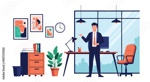 Businessman stands confidently in his modern office workspace next to a desk with a computer.