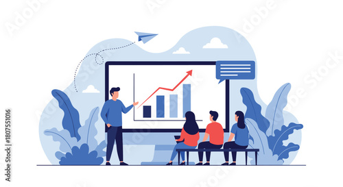 Businessman giving a corporate presentation with charts and graphs on a large screen to his team.