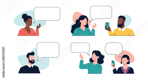Set of diverse people portraits with empty speech bubbles for inserting text or dialogue.
