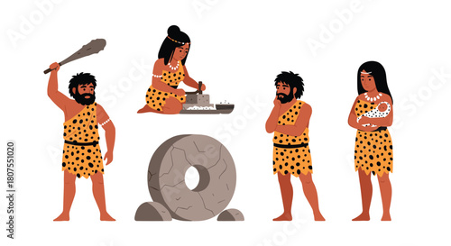 Prehistoric scene showing a group of cartoon cavemen and cavewomen from the Stone Age with primitive tools.
