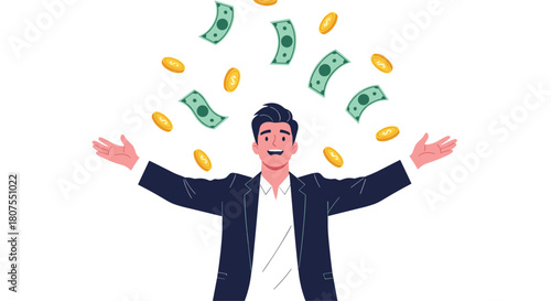 Successful happy businessman is celebrating his financial success as money rains down all around him.