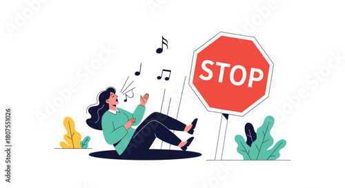 Young woman relaxes by listening to music with headphones ignoring a large red stop sign nearby.