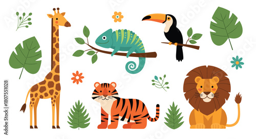 Adorable collection of various cute cartoon jungle and safari animals standing together in a group.