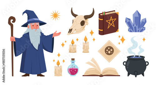 Mystical collection of various magical items including a wizard a magic book and mystical potions.