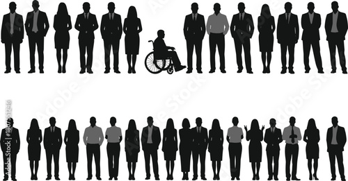 Large set of business people silhouettes, diverse corporate team standing together including man in wheelchair, black vector illustration.
