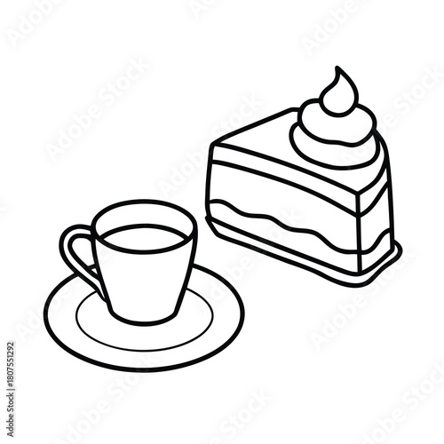 A delicious hot coffee beverage with a dessert cake and cream on a white plate and saucer