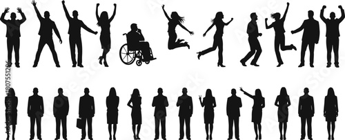 Large set of people silhouettes featuring business team standing and happy group celebrating, black vector illustration.