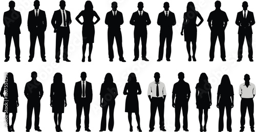 Large collection of business people silhouettes, men and women standing in corporate attire, isolated black vector illustration set.
