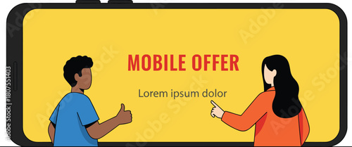 People looking at giant smartphone screen with mobile offer, man showing thumbs up and woman pointing, flat vector illustration.