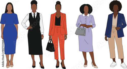 Set of African American businesswomen in professional office attire, suits and dresses, diverse fashion flat vector illustration.