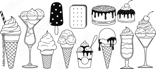 Set of black and white ice cream outlines including cones, sundaes, popsicles and desserts, linear vector illustration collection.