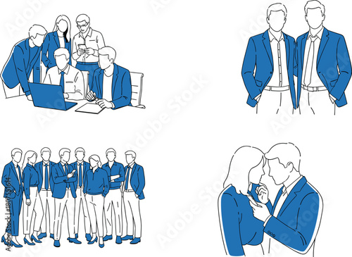 Set of business people sketches showing teamwork, large group standing, partners and close discussion, blue color flat vector illustration.
