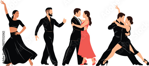 Set of Latin ballroom dancers, couples dancing tango and salsa, flamenco performers, colorful flat vector illustration collection.