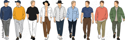 Set of stylish men walking forward wearing trendy casual outfits and hats, male fashion vector illustration collection isolated on white.
