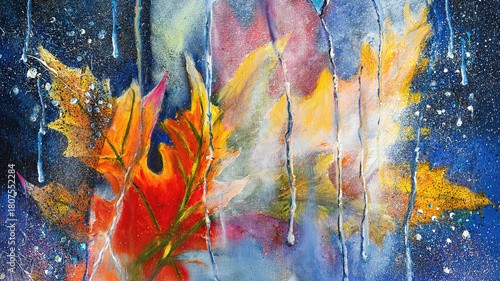 Abstract Autumn Leaf Painting. Vivid composition featuring bright autumn leaves, paint rain drips and bold textures on canvas, expressive style. Concept of autumn, abstract art, creative impressionism