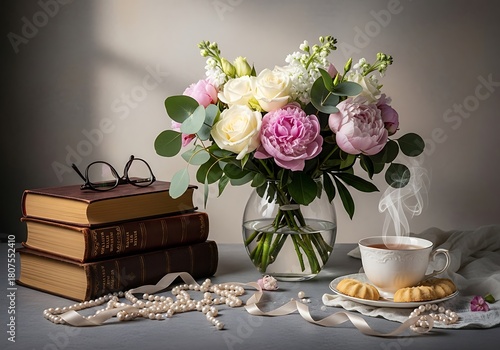 Still life with fresh flowers, books, tea, and pearls on a table