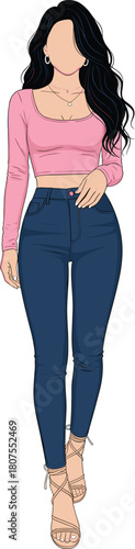 Stylish young woman walking forward wearing pink crop top and dark skinny jeans, casual fashion flat vector illustration.