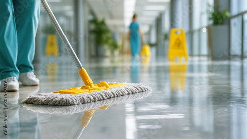 Staff member cleaning hospital corridor with a mop
