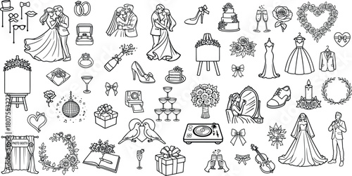 Wedding hand drawn design elements isolated on white background.